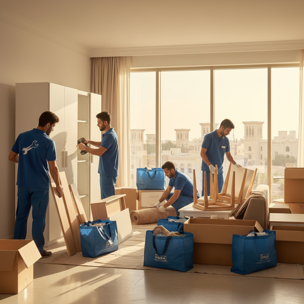 فريق متخصص يقوم بفك وتغليف اثاث ايكيا استعداداً لعملية النقل في الرياض.