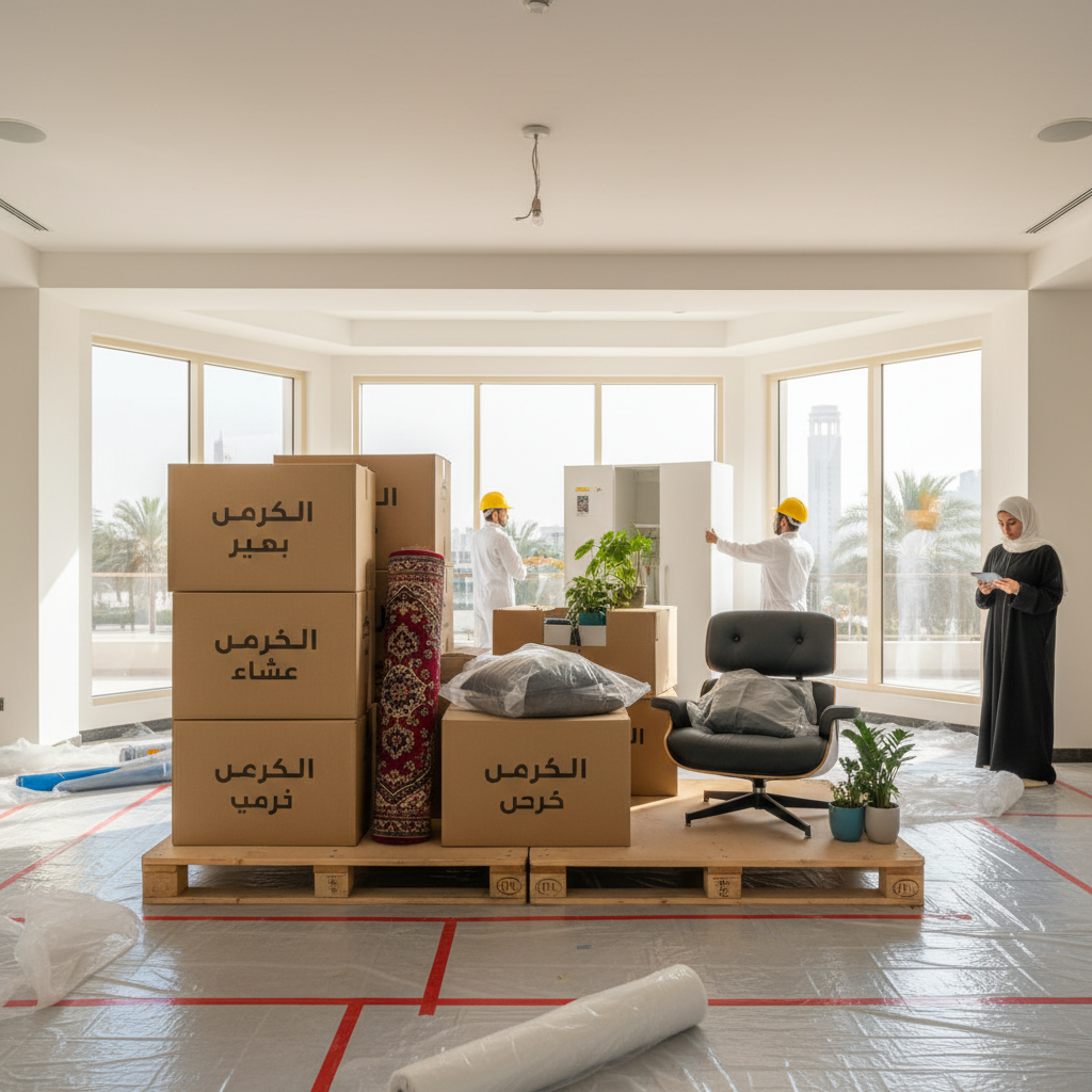 مستودع آمن ونظيف لـ تخزين عفش بالرياض أثناء تجديد المنزل، مع صناديق تغليف متينة.