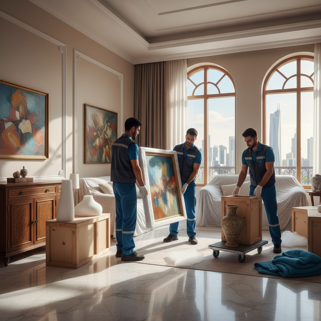 فريق متخصص في نقل عفش بالرياض يتعامل بحذر مع لوحة فنية ثمينة أثناء التعبئة