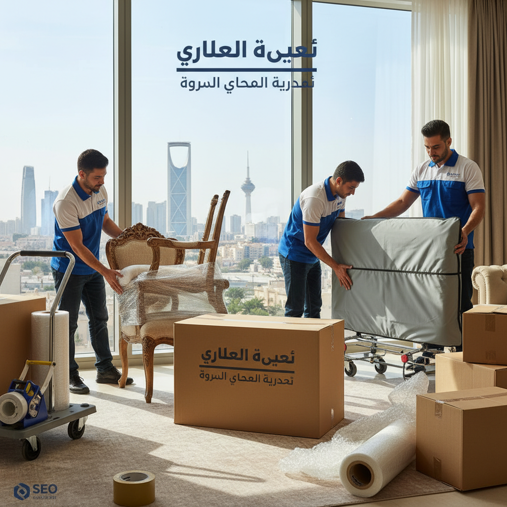 صورة لعمال يقومون بـ نقل عفش بالرياض باستخدام معدات تغليف احترافية لضمان سلامة الأثاث.