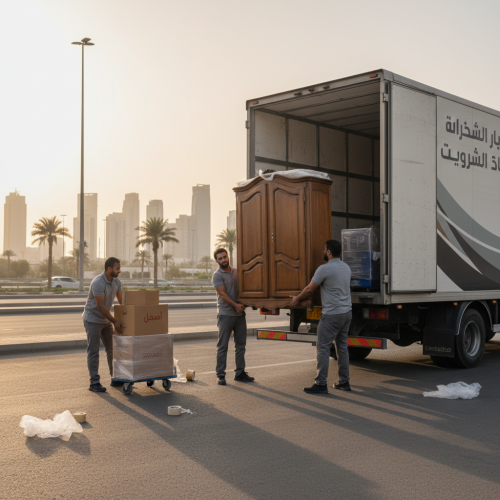 عمال يقومون بنقل عفش بالرياض بعناية وحرفية داخل شاحنة حديثة.