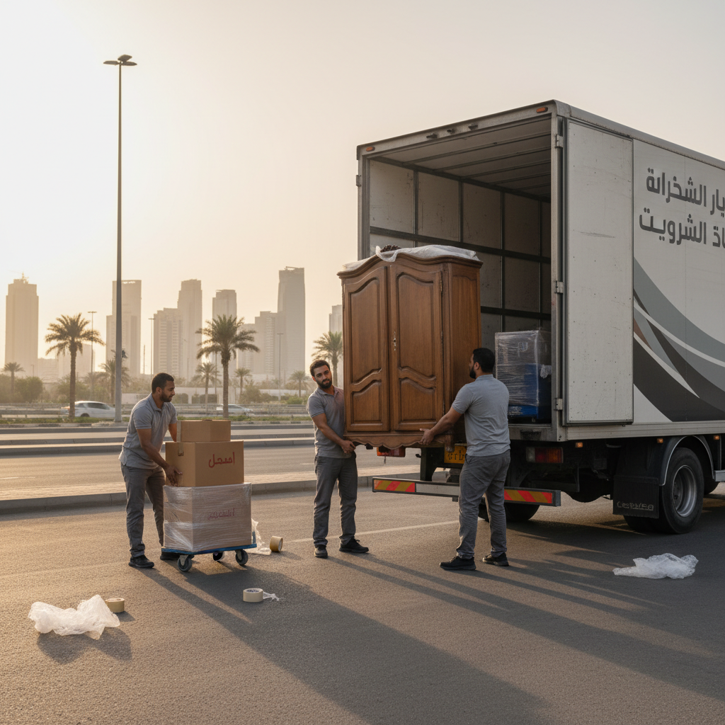 عمال يقومون بنقل عفش بالرياض بعناية وحرفية داخل شاحنة حديثة.