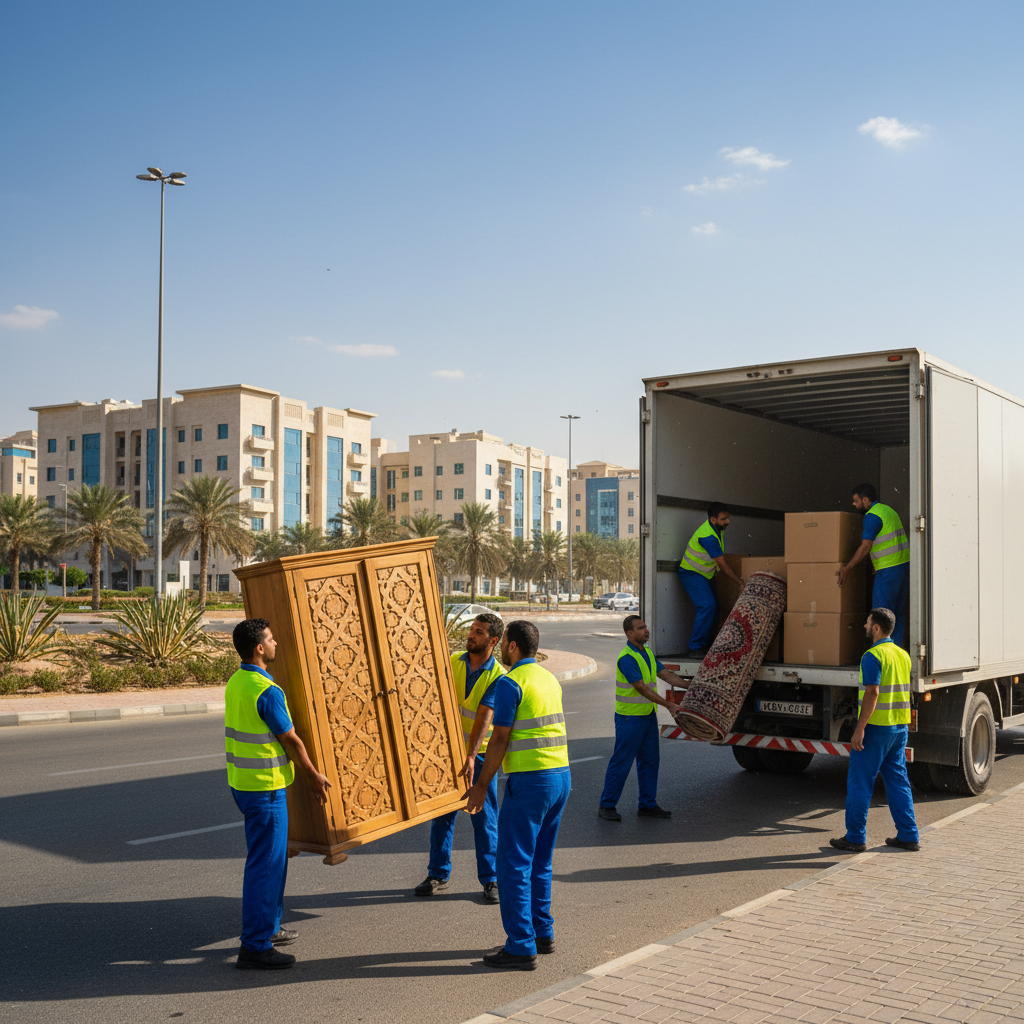 عمال يقومون بتعبئة وتغليف الأثاث بعناية استعدادًا لخدمة نقل اثاث الرياض الآمنة.