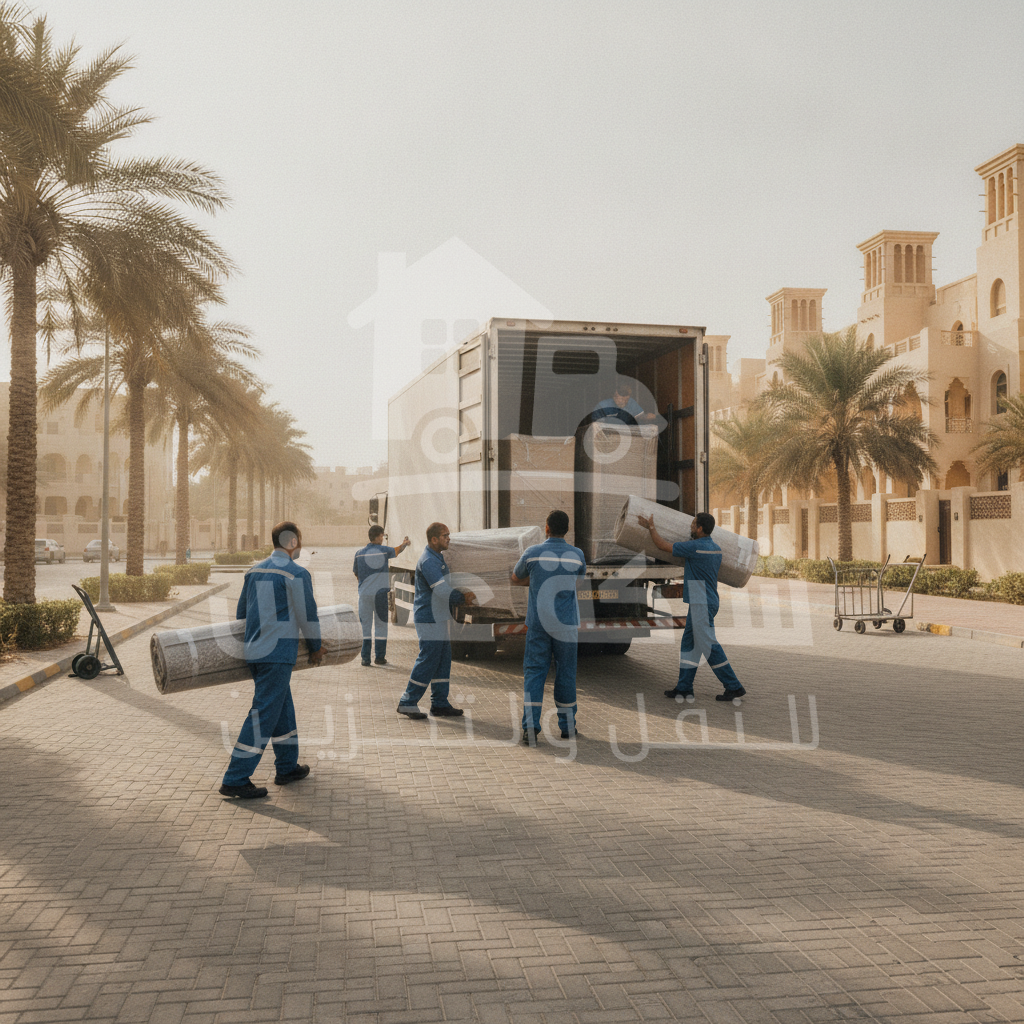 فريق من العمال يقومون بنقل عفش منزل في الرياض بحذر واحترافية
