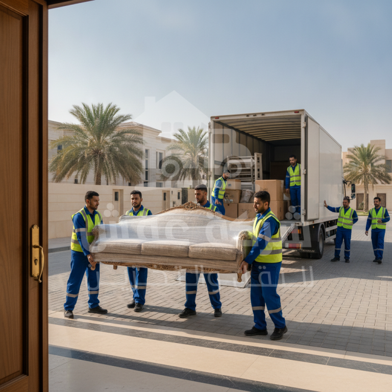 عمال نقل عفش يقومون بتحميل الأثاث في شاحنة مخصصة بالرياض بخبرة واحترافية.