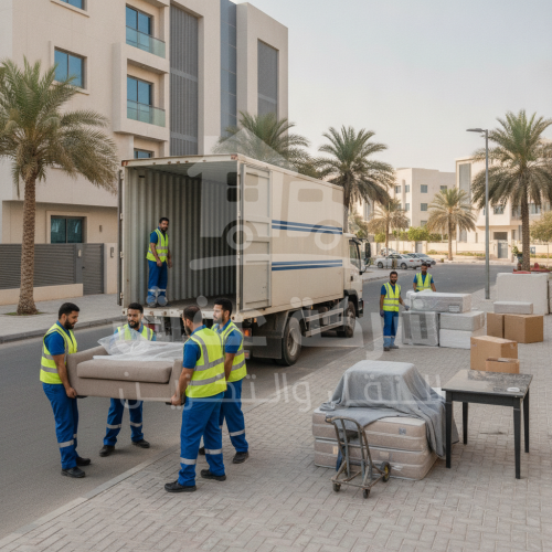 فريق عمل محترف يقوم بـ نقل عفش وتغليفه داخل شاحنة حديثة في الرياض