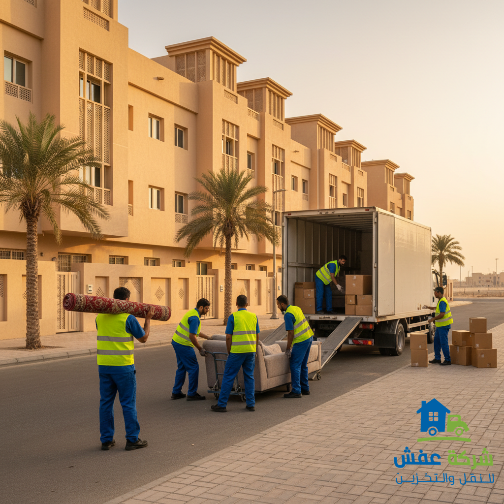 شاحنة شركة نقل عفش الرياض تقوم بنقل الأثاث بأمان في أحد شوارع الرياض
