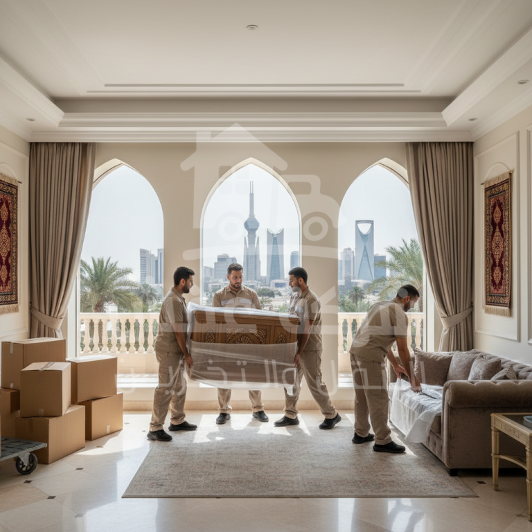 فريق خبراء يقوم بـ نقل عفش بالرياض بحرص واحترافية باستخدام أدوات متطورة لضمان سلامة الأثاث.