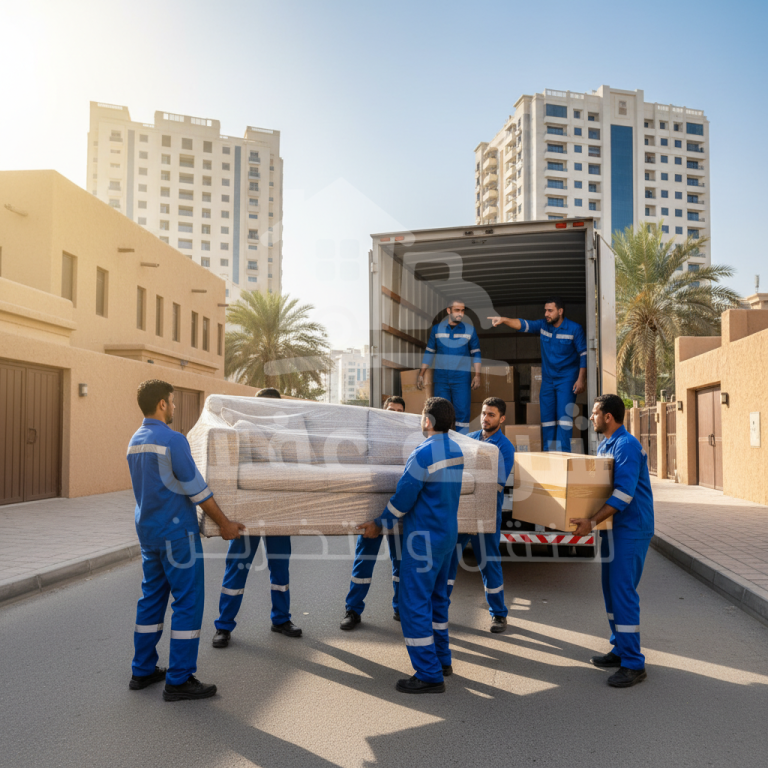 فريق محترف يقوم بتحميل الأثاث بعناية في شاحنة شركة نقل عفش بالرياض.