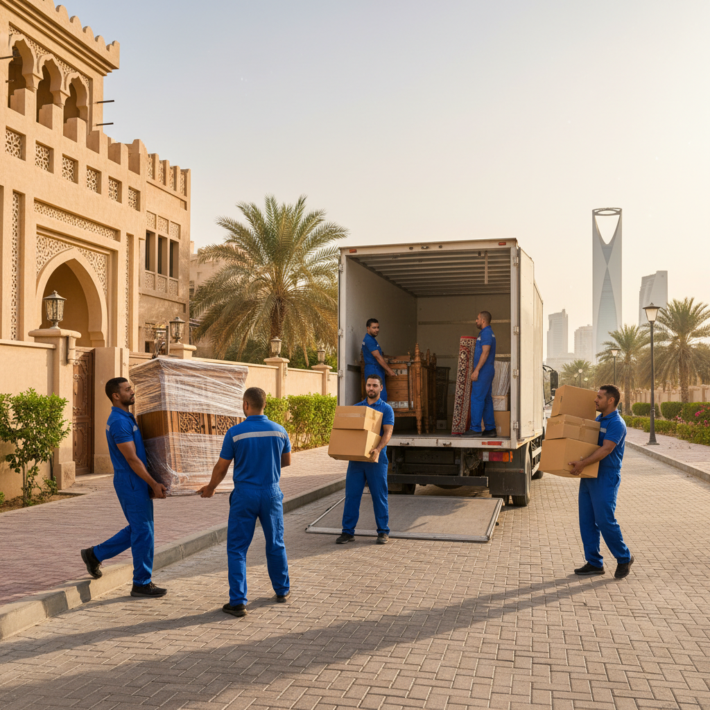 عمال يقومون بنقل عفش منزل في الرياض بحذر واحترافية