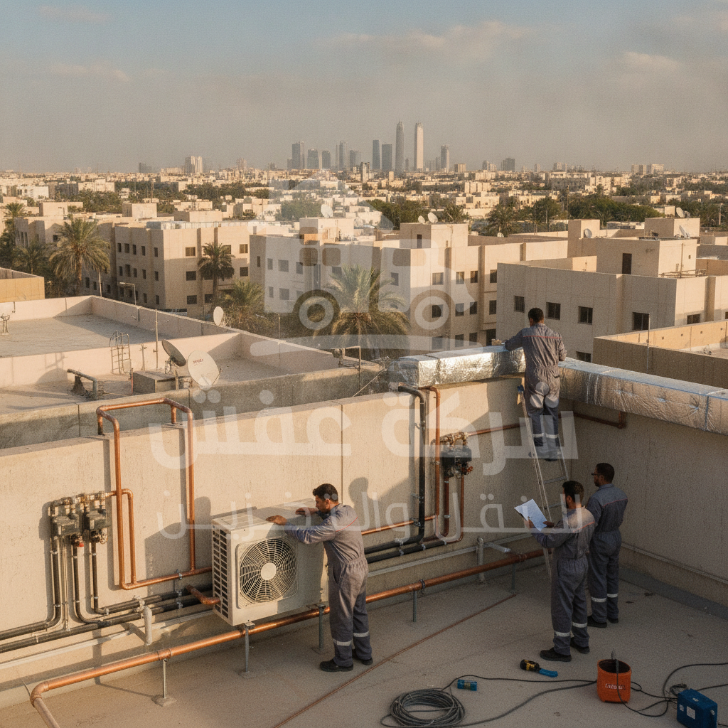 فني يقوم بتأسيس وتمديد مكيفات داخل الجدران في الرياض باحترافية