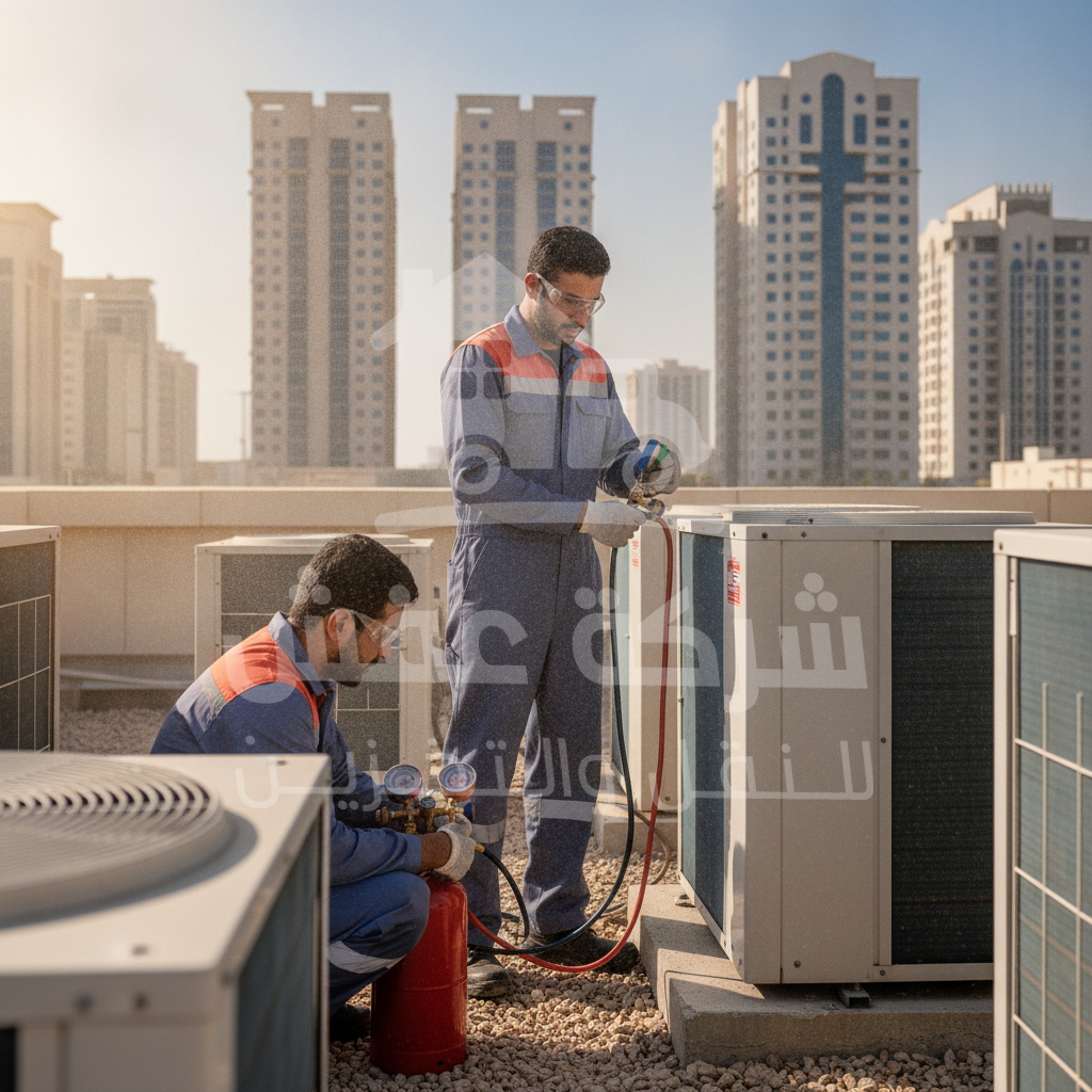 فني يقوم بتعبئة فريون مكيفات سبليت في منزل بالرياض لضمان أقصى تبريد.