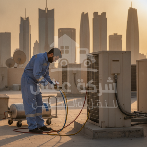 فني يقوم بتعبئة فريون مكيفات سبليت في منزل بالرياض لضمان أقصى تبريد.