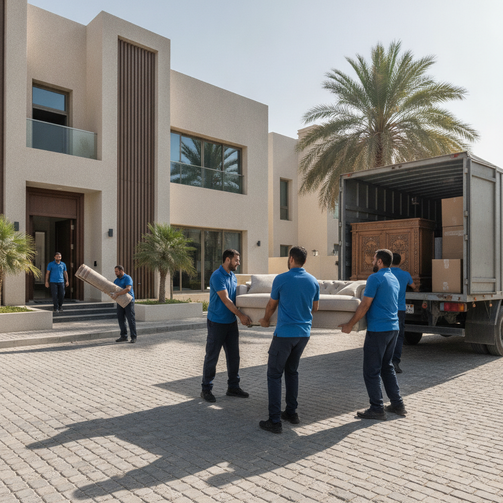 عمال يقومون بـ نقل عفش الرياض باحترافية باستخدام أدوات تغليف وحماية متطورة لضمان سلامة الأثاث.