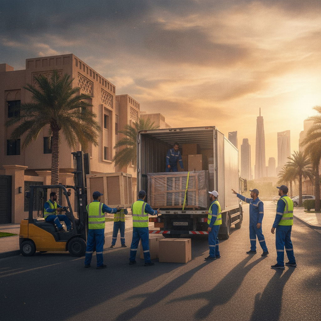فريق عمل محترف من شركة نقل عفش بالرياض يقوم بتحميل الأثاث بعناية في شاحنة حديثة