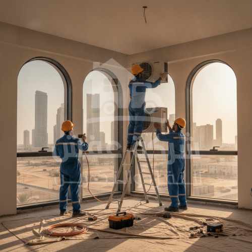 فني متخصص من شركات فك وتركيب مكيفات الرياض يقوم بتركيب وحدة مكيف جديدة بمنزل.