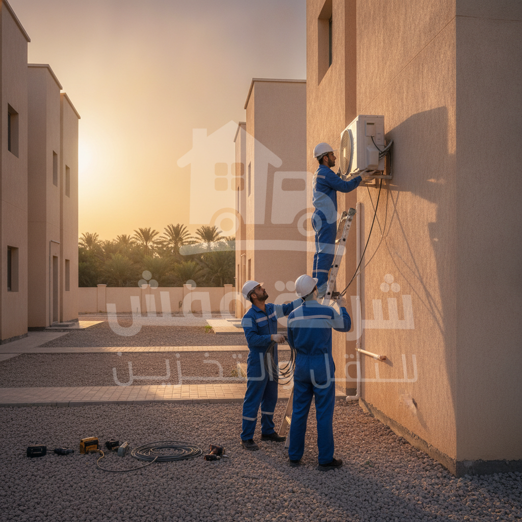 فني يقوم بتأسيس مكيفات سبليت بالرياض بشكل احترافي لضمان التبريد الأمثل.
