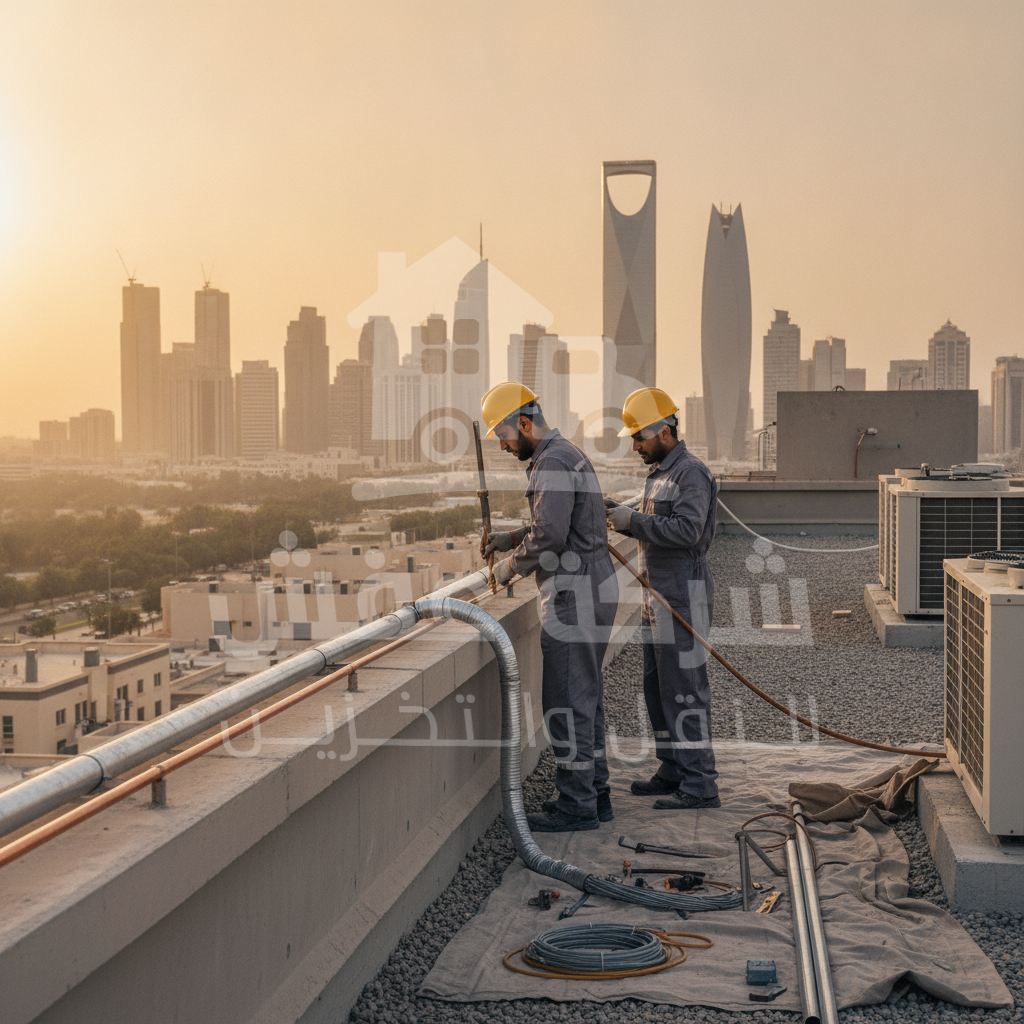 فني يقوم بتمديد مواسير مكيفات بالرياض بدقة واحترافية عالية لضمان أفضل أداء للتكييف.