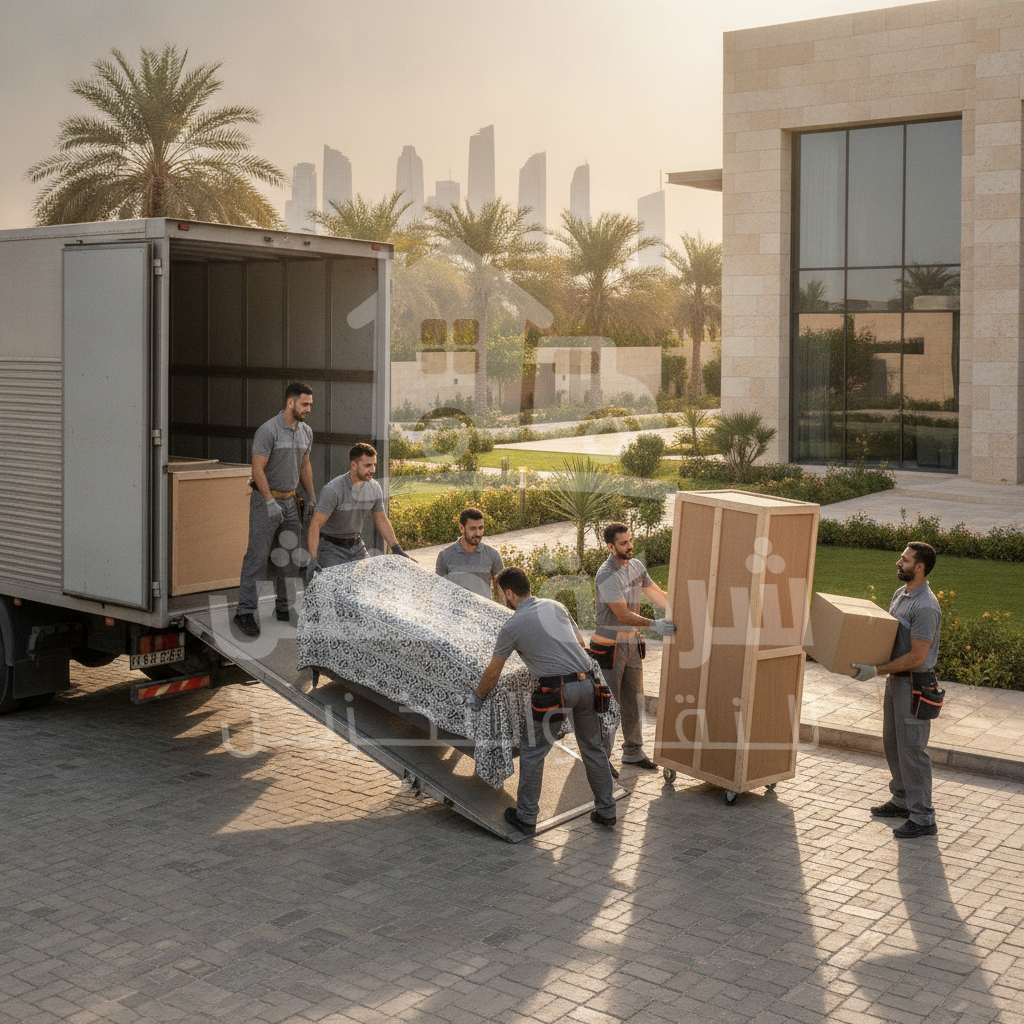 فريق من شركات نقل عفش احترافية بالرياض يقوم بتحميل وتأمين الأثاث في شاحنة مجهزة.