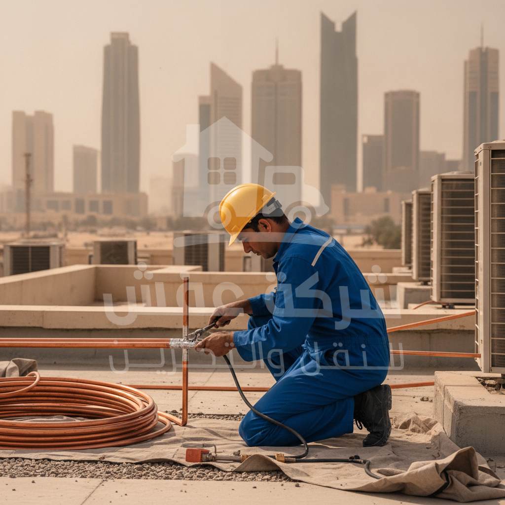 فني يقوم بـ تمديد نحاس مكيفات سبليت الرياض باحترافية لضمان أفضل أداء للتبريد