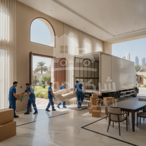 عمال شركة نقل عفش محترفين يقومون بتحميل الأثاث بعناية في شاحنة أفضل شركة نقل عفش بالرياض